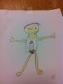 First grade student draws self portrait with rocket ship on shirt.