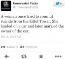Suicidal woman finds love. Can confirm, I was the Eiffel Tower.