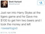 Guy is given $100 by Harry Styles to buy beer and steals it, can confirm, am untucked shirt.