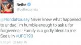 Bethe says she didn't know about Rousey's dad and asks for forgiveness.