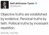 Objective truths are established by evidence. Personal truths by faith. Political truths ...