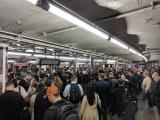 Fun times at 42nd st. 7 train not running, and shuttle with one track closed. This is less than half of the crowd.