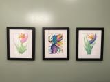 My 75 year old mother started drawing as a hobby in retirement. Here are three of her originals hanging in my bathroom!