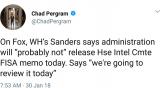 On Fox, WH’s Sanders says administration will “probably not” release Hse Intel Cmte FISA memo today. Says “we're going to review it today”