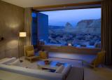 Sitting area with a beautiful view of the surrounding desert at Amangiri, a luxury hotel in Canyon Point, Utah. [1512 × 1080]
