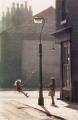 Girls swinging from lamppost, Hulme, Manchester, 1965
