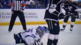 Lightning Goaltender Andrei Vasilevskiy looks between his opponent's legs to locate puck and make behind the back glove save