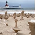 These sand sculptures formed by strong winds eroding frozen sand