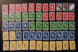 Sometimes I get bored and like to sort things for fun so I did so to a 112 deck of UNO cards. This led me to learn that each color has two of each 1-9 card but only one 0. There are also two of each skip, reverse, and draw two cards in each color. There are four of each wild card as well.